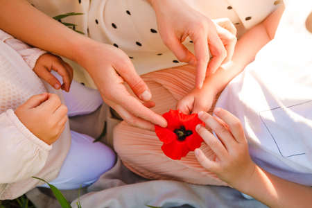 A mother with two daughters is walking in a green field. Hugs and feelings.の写真素材