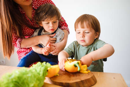 Mom and sons are cook vegetarian food in a stylish kitchen.の写真素材