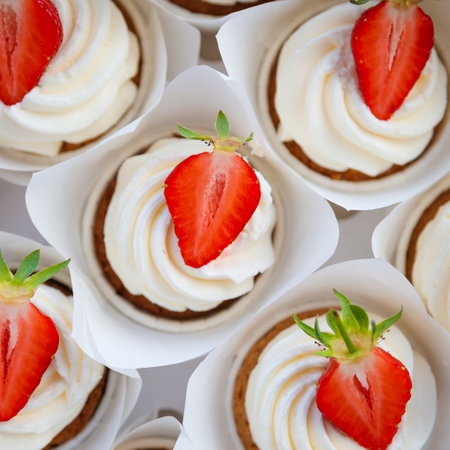 Cupcakes with strawberries close-up. Top view.の写真素材