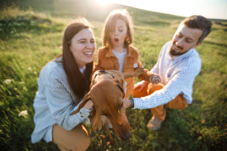 A hipster family walks in a summer field.の写真素材