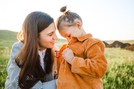 Mom and son are active in nature.の写真素材
