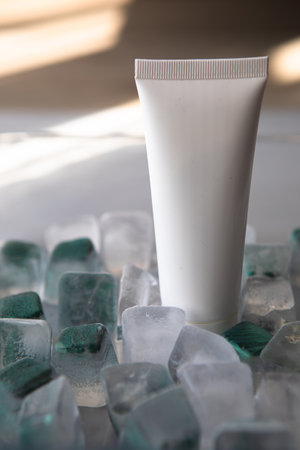 Cosmetic product packaging on menthol ice cubes.Mockup. high quality photo