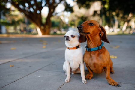 A couple of small dogs in the park. Chihuahua and dachshund.の写真素材