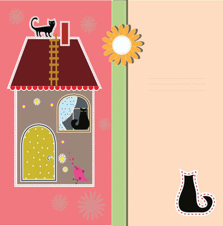 Postcard with decorative house and a catのイラスト素材