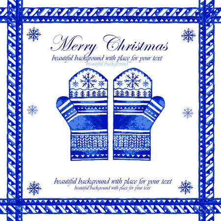 Watercolor blue winter background with mittens.Vector illustrationのイラスト素材