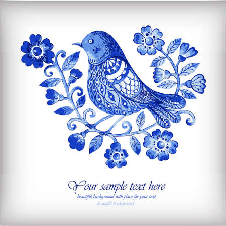 Watercolor background with blue flowers and birdsのイラスト素材