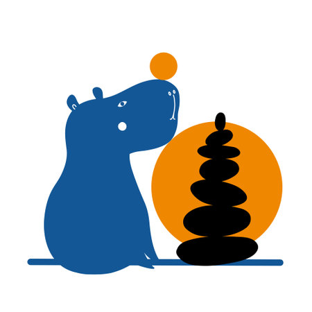 A cute capybara stacks stones under a sunset.のイラスト素材