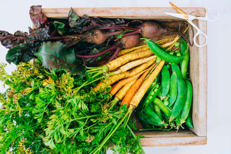 Roots fresh dirty vegetables carrots and beets in wooden box on marble background, flat lay, top viewの写真素材