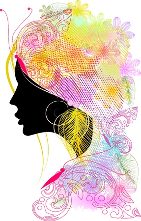 Illustration of silhouette of girl with flowers hair 