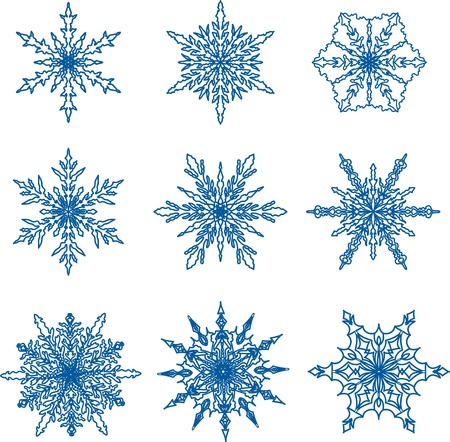 Snowflake doodle graphic hand-drawn set. Blue snowflakes on white background.のイラスト素材