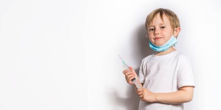 Cute Little Girl in medical mask with stethoscope isolated bannerの写真素材