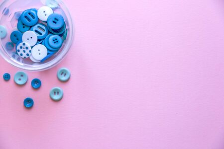 Flat lay with colorful sewing buttons, mock up, top view.の写真素材