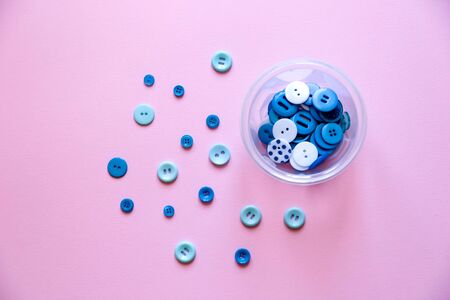 Flat lay with colorful sewing buttons, mock up, top view.