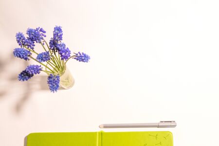 Blue flowers are on the white table and diary with pen top view