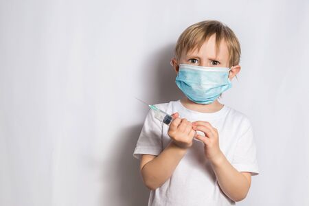 Cute Little Girl in medical mask with stethoscope isolated bannerの写真素材