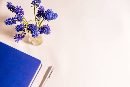 Blue flowers are on the white table and diary with pen top viewの写真素材
