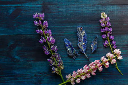 Beautiful handmade embroidered brooch, blue feathers with crystalsの写真素材