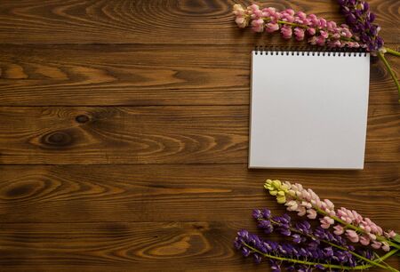 Still life, art, office supplies or education concept : Top view image of open notebook with blank pages on wooden background, ready for adding or mock upの写真素材