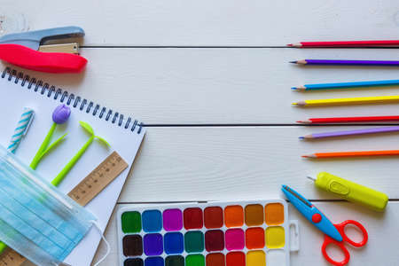 Back to school concept school office supplies on a white background copy space.