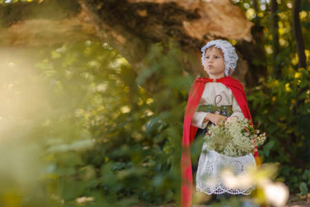 Portrait of a girl in a fairy tale costume of a red cap with a basket