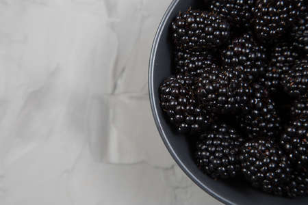 Ripe sweet blackberry on gray concrete background. Copy spaceの写真素材