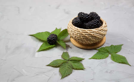 Ripe sweet blackberry with leafs on gray concrete backgroun