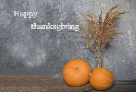 Happy Thanksgiving greeting text with colorful pumpkins over dark wooden and Blackboard backgroundの写真素材