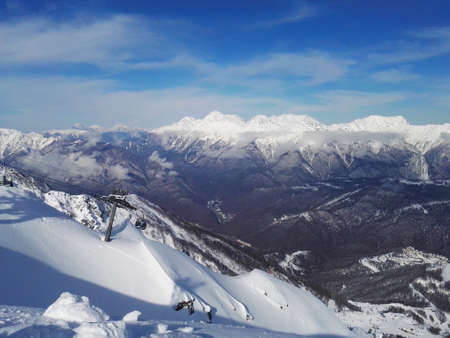 .Winter ski resort view of mountains and slopes.