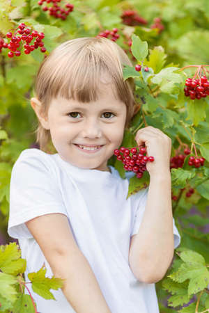 Portrait of a little girl on the background of a bush with bunches of red berries. Golden autumn harvestingの写真素材