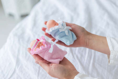.Female hands hold boy and girl toy babies, IVF gender selection concept