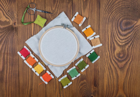 Hoop for cross stitch with stretched canvas,mockup for the designerの写真素材