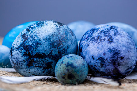 Blue Easter eggs close-up, selective focus, shallow depth of field. Concept, healthy food, spring religious holidays.の写真素材