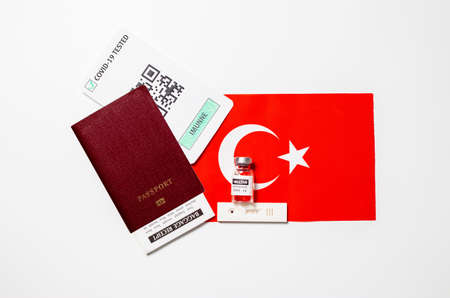 Immunity passport allows you travel during lockdown, Vaccination passport against covid-19 in Turkey. Certificate for people who have had coronavirus or made vaccine.の写真素材