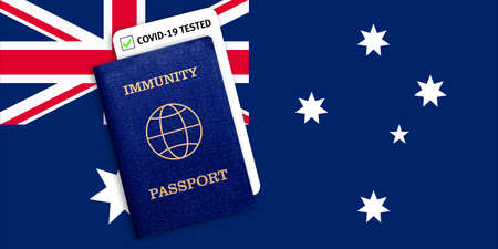 Immunity passport and test result for COVID-19 on flag of Australia. Certificate for people who have had coronavirus or made vaccine. Vaccination passport against covid-19 that allows you travelの写真素材
