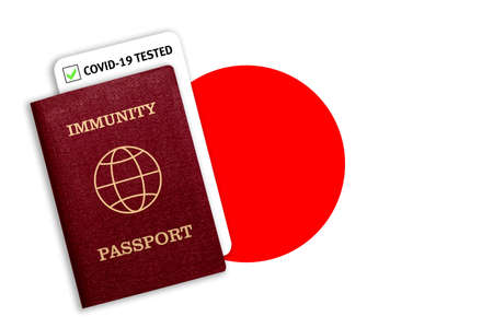 Immunity passport and test result for COVID-19 on flag of Japan. Certificate for people who have had coronavirus or made vaccine. Vaccination passport against covid-19 that allows you travelの写真素材