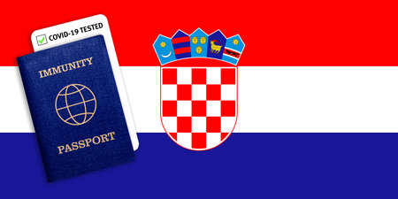 Concept of Immunity passport, certificate for traveling after pandemic for people who have had coronavirus or made vaccine and test result for COVID-19 on flag of Croatiaの写真素材