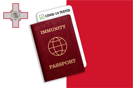 Concept of Immunity passport, certificate for traveling after pandemic for people who have had coronavirus or made vaccine and test result for COVID-19 on flag of Maltaの写真素材