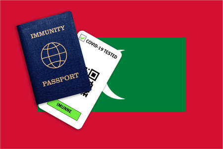 Concept of Immunity passport, certificate for traveling after pandemic for people who have had coronavirus or made vaccine and test result for COVID-19 on flag of Maldivesの写真素材