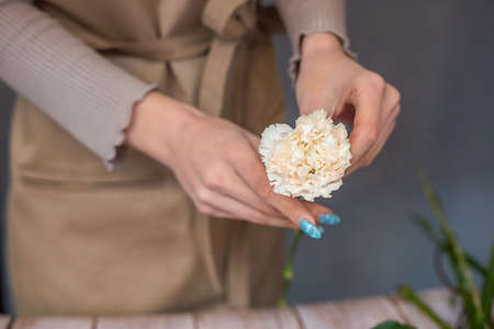 Florist at work. Female hands collect a romantic bouquet of roses. People in the process of work. The concept of a flower shop and flower delivery as a family business.の写真素材