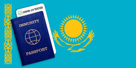 Concept of Immunity passport, certificate for traveling after pandemic for people who have had coronavirus or made vaccine and test result for COVID-19 on flag of Kazakhstanの写真素材