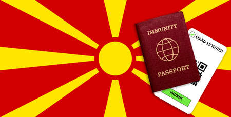 Concept of Immunity passport, certificate for traveling after pandemic for people who have had coronavirus or made vaccine and test result for COVID-19 on flag of Macedoniaの写真素材
