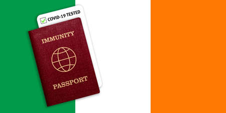 Concept of Immunity passport, certificate for traveling after pandemic for people who have had coronavirus or made vaccine and test result for COVID-19 on flag of Irelandの写真素材