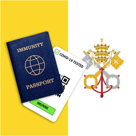 Concept of Immunity passport, certificate for traveling after pandemic for people who have had coronavirus or made vaccine and test result for COVID-19 on flag of Vaticanの写真素材