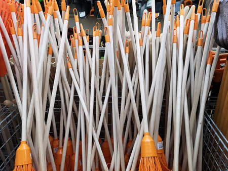 Moscow, Russia - March 31, 2021: Garden rake cuttings in a box in a large building materials store