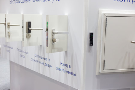 Moscow, Russia - 14 april 2021: Various equipment for security systems at the stands and pavilions of the security exhibitionのeditorial素材