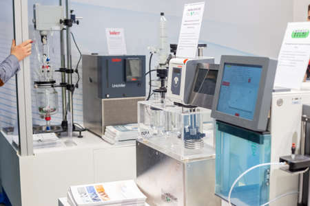 Moscow, Russia - 14 april 2021: Various equipment for the field of analytical chemistry at the exhibition stands of the international exhibitionのeditorial素材