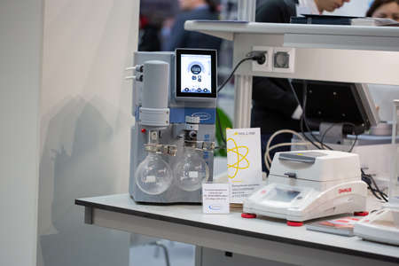 Moscow, Russia - 14 april 2021: Various equipment for the field of analytical chemistry at the exhibition stands of the international exhibitionのeditorial素材