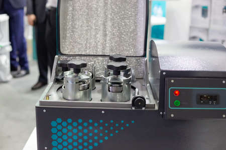 Moscow, Russia - 14 april 2021: Various equipment for the field of analytical chemistry at the exhibition stands of the international exhibitionのeditorial素材