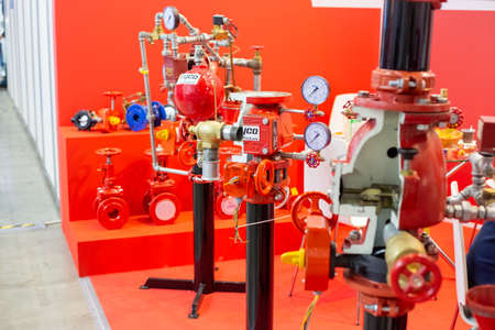 Moscow, Russia - 14 april 2021: Cylinders modules for gas extinguishing at the stands and pavilions...