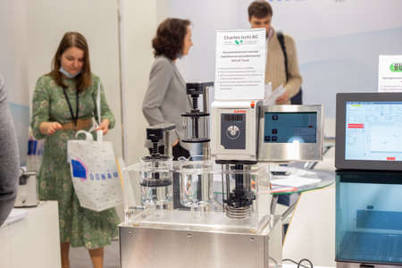 Moscow, Russia - 14 april 2021: Various equipment for the field of analytical chemistry at the...